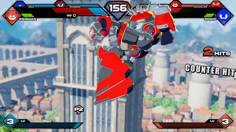 Ultimate Sonic Smackdown - Shadow facing off against Eggman mecha on a city stage