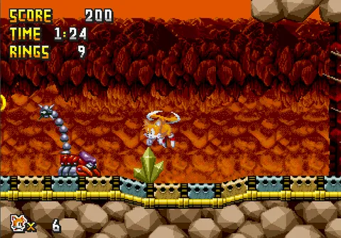 Sonic 3D in 2D - Tails flying through a volcanic cave with lava