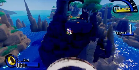 Sonic Breeze - Sonic jumping near ocean cliffs with combo counter visible