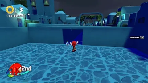 Sonic Battle R - Knuckles racing through a blue Mediterranean city inspired by Apotos