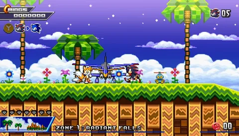 Sonic Dimensions - Radiant Falls hub world area with Sonic and Tails